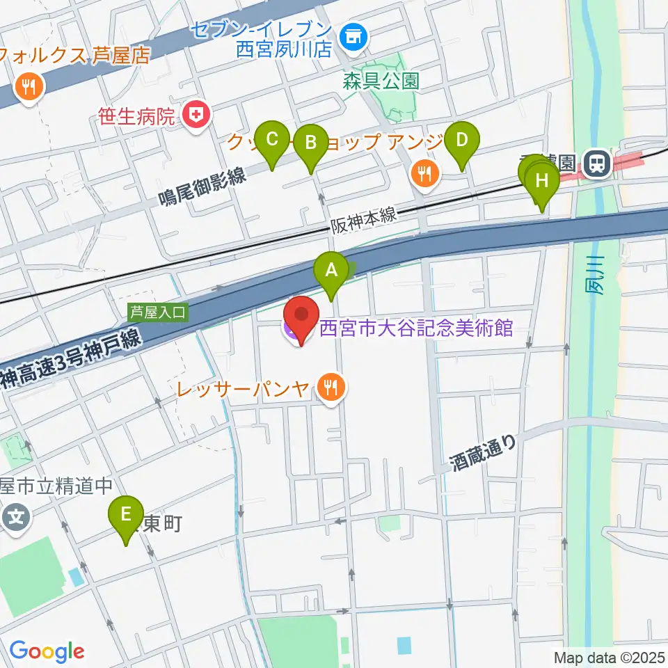 西宮市大谷記念美術館周辺のファミレス・ファーストフード一覧地図