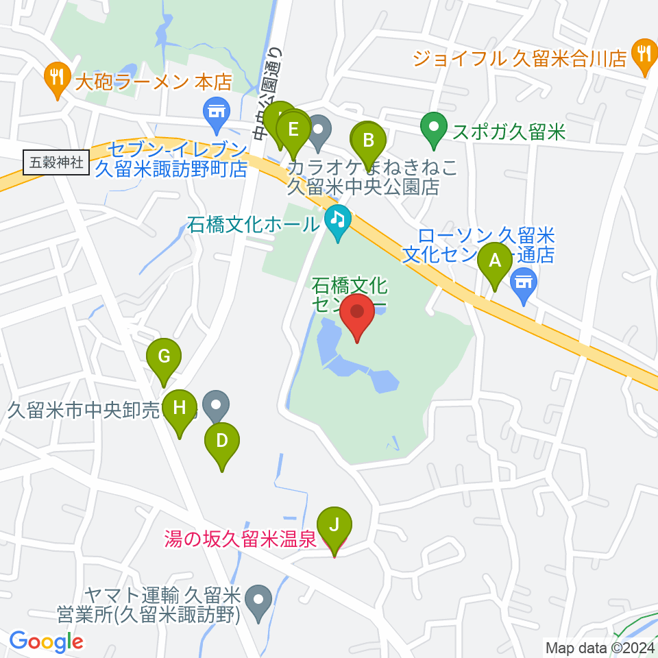 久留米市美術館周辺のファミレス・ファーストフード一覧地図