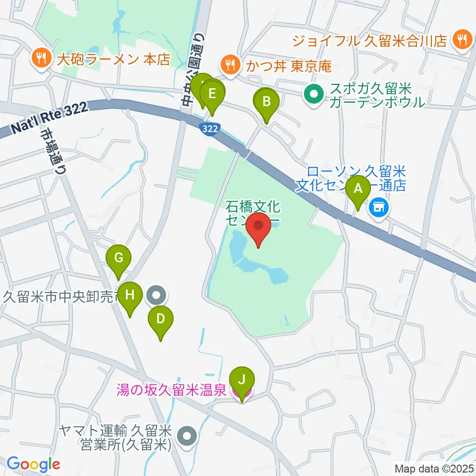 久留米市美術館周辺のファミレス・ファーストフード一覧地図