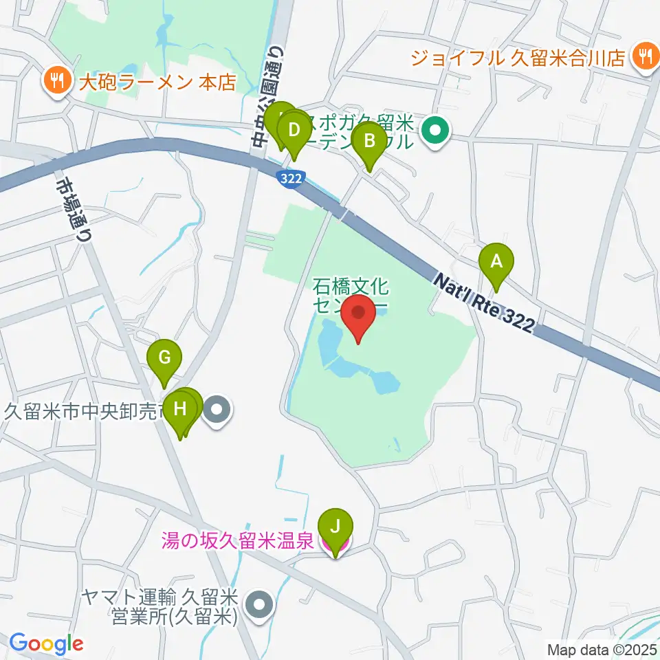 久留米市美術館周辺のファミレス・ファーストフード一覧地図