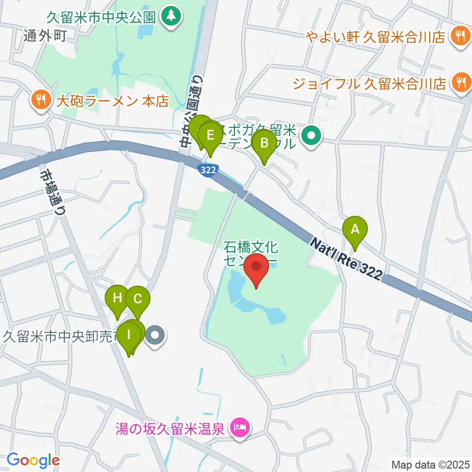 久留米市美術館周辺のファミレス・ファーストフード一覧地図