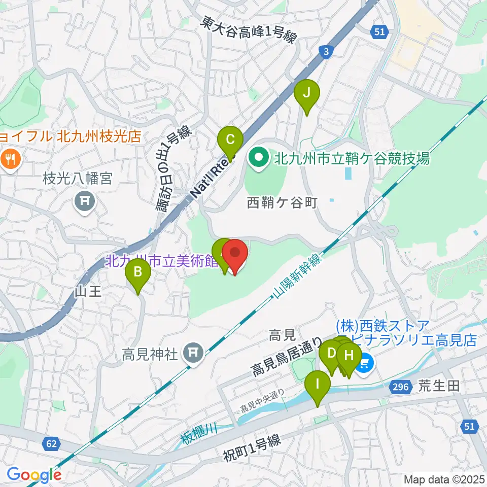 北九州市立美術館周辺のファミレス・ファーストフード一覧地図