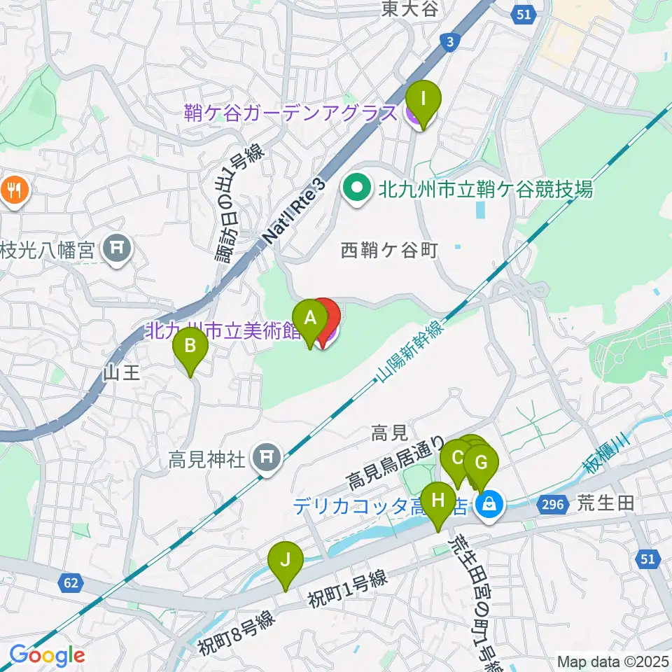 北九州市立美術館周辺のファミレス・ファーストフード一覧地図