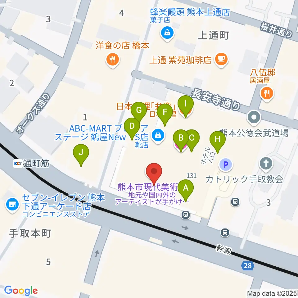 熊本市現代美術館（CAMK）周辺のファミレス・ファーストフード一覧地図