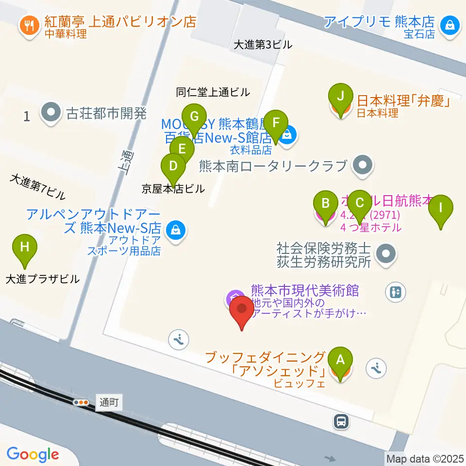 熊本市現代美術館（CAMK）周辺のファミレス・ファーストフード一覧地図