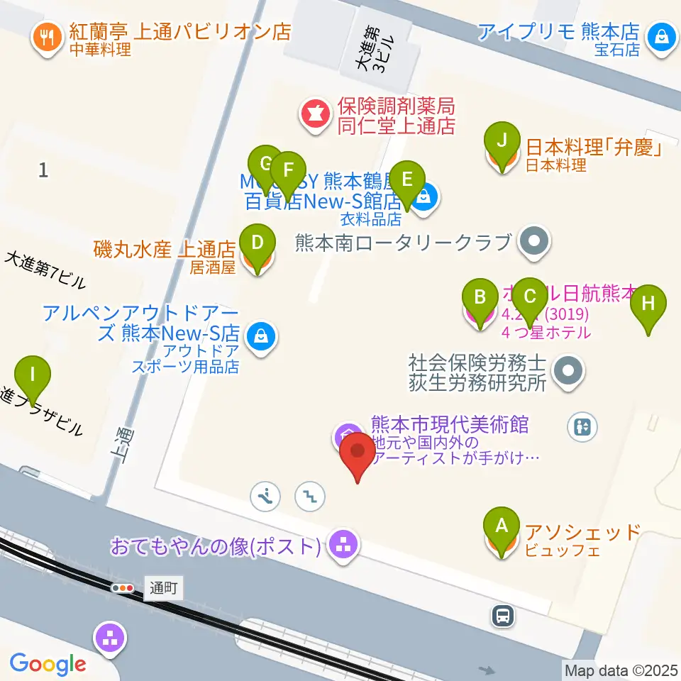 熊本市現代美術館（CAMK）周辺のファミレス・ファーストフード一覧地図