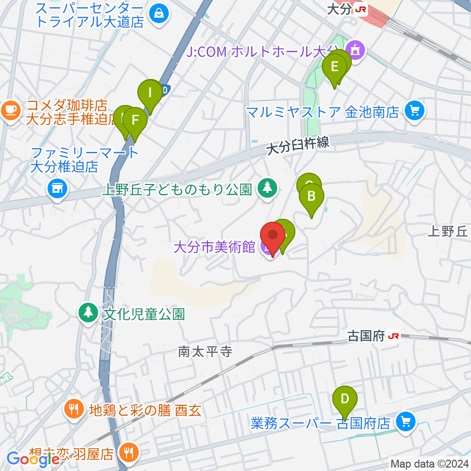 大分市美術館周辺のファミレス・ファーストフード一覧地図