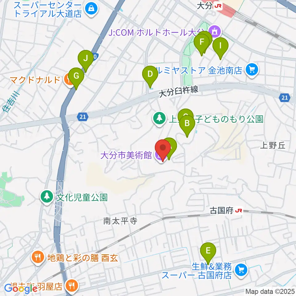 大分市美術館周辺のファミレス・ファーストフード一覧地図