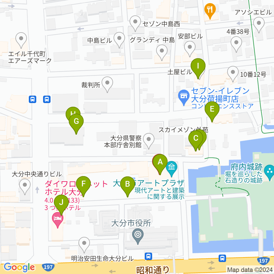 大分市アートプラザ周辺のファミレス・ファーストフード一覧地図