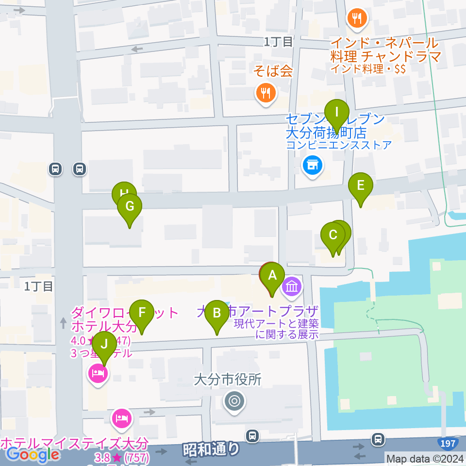 大分市アートプラザ周辺のファミレス・ファーストフード一覧地図