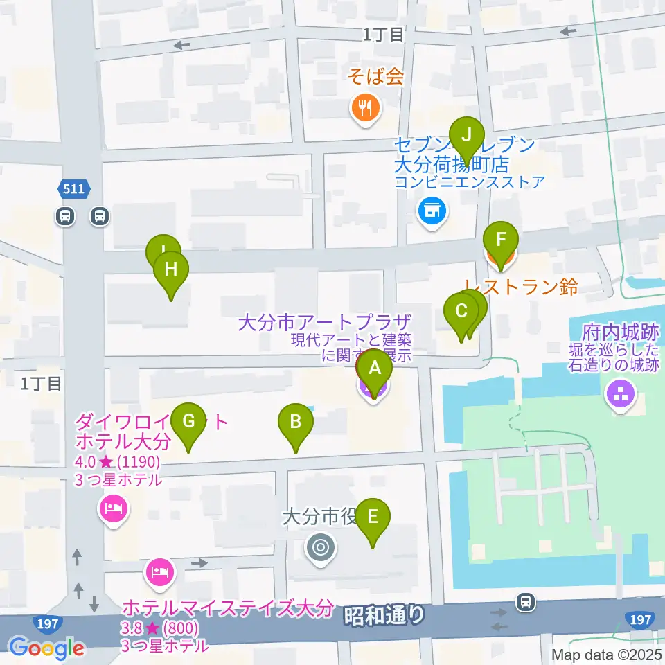 大分市アートプラザ周辺のファミレス・ファーストフード一覧地図