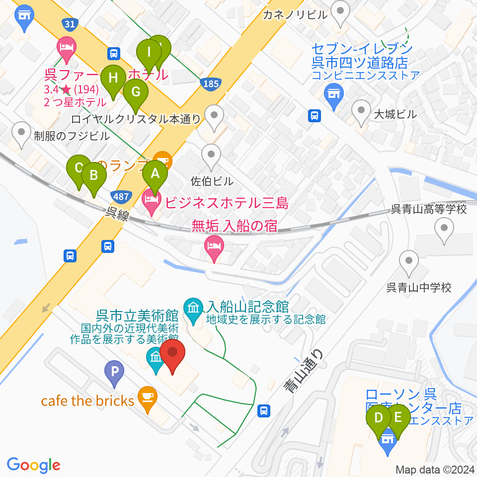 呉市立美術館周辺のファミレス・ファーストフード一覧地図