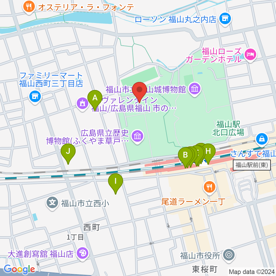 ふくやま美術館周辺のファミレス・ファーストフード一覧地図