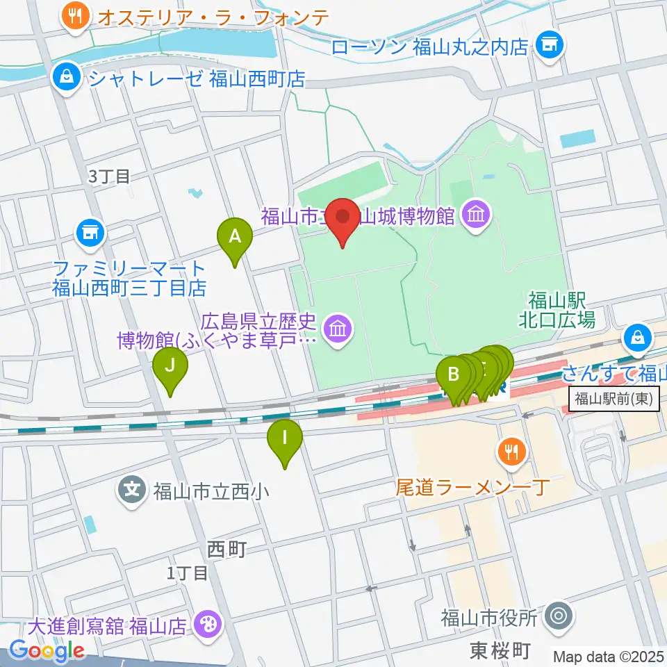ふくやま美術館周辺のファミレス・ファーストフード一覧地図