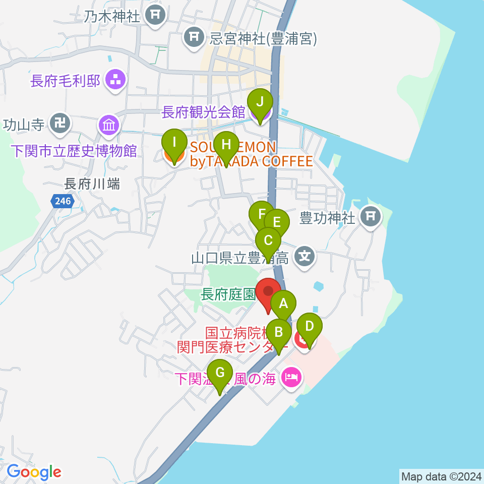 下関市立美術館周辺のファミレス・ファーストフード一覧地図