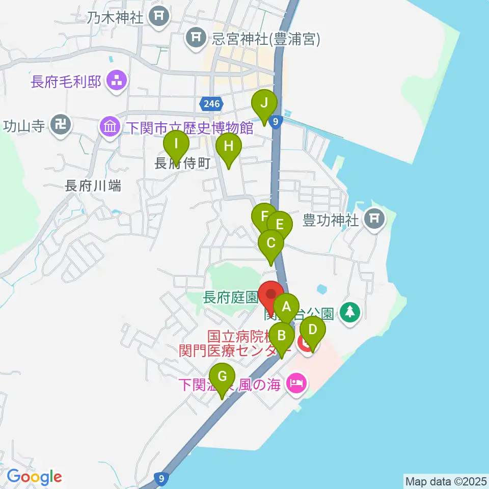 下関市立美術館周辺のファミレス・ファーストフード一覧地図