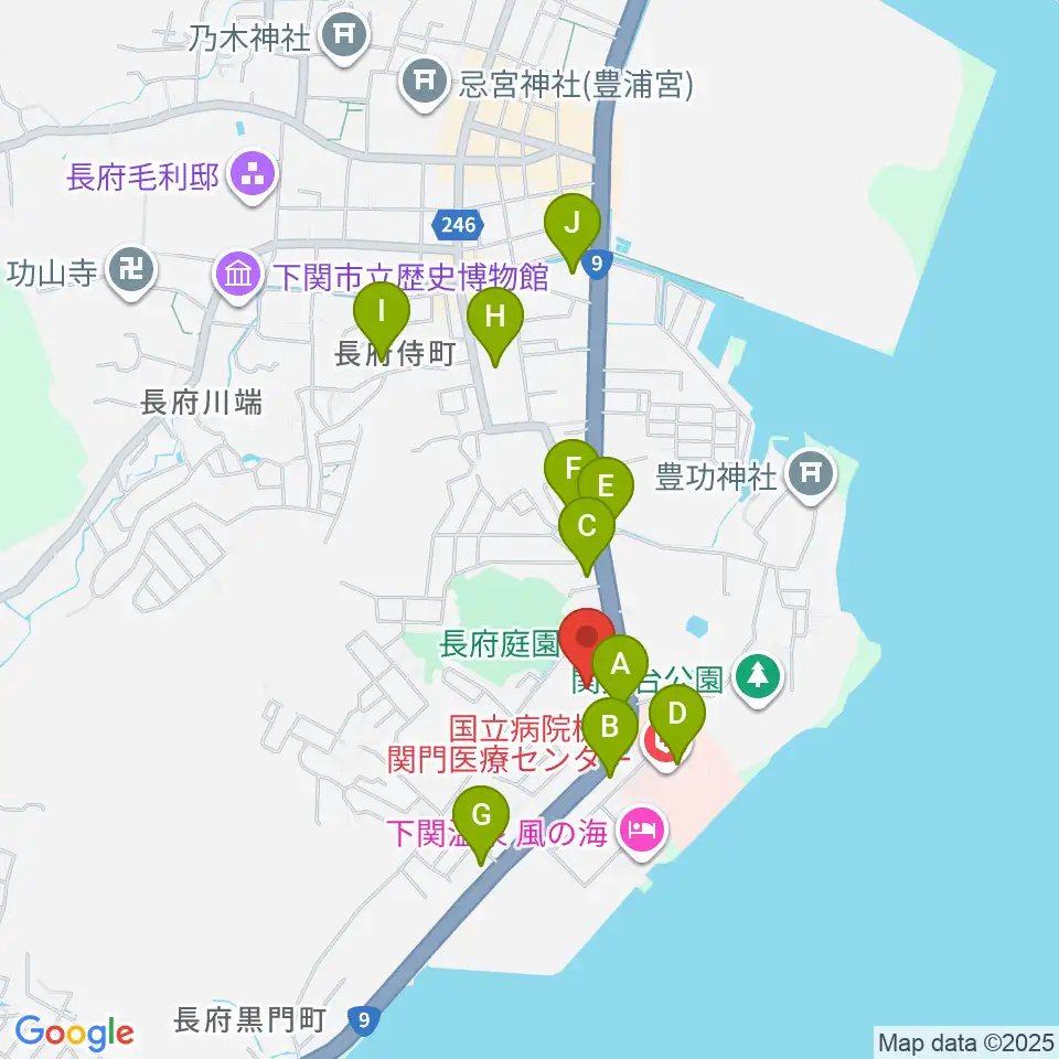 下関市立美術館周辺のファミレス・ファーストフード一覧地図