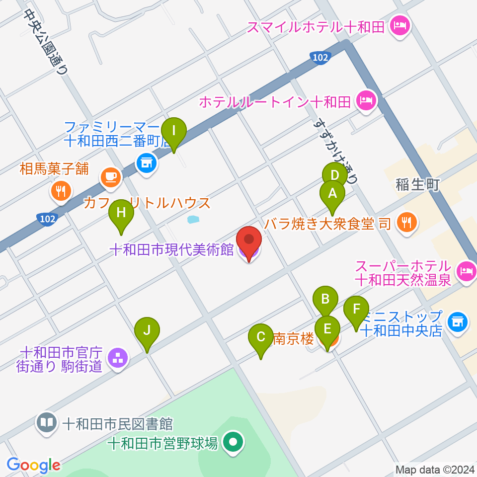 十和田市現代美術館周辺のファミレス・ファーストフード一覧地図