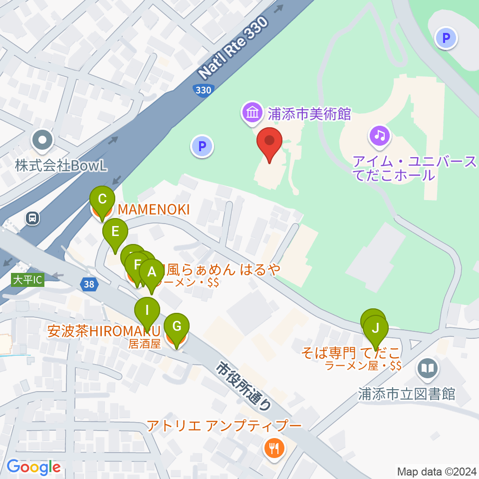 浦添市美術館周辺のファミレス・ファーストフード一覧地図