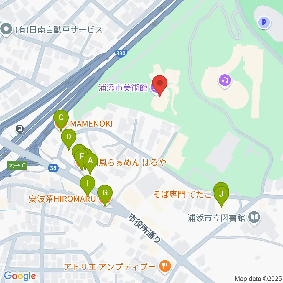 浦添市美術館周辺のファミレス・ファーストフード一覧地図