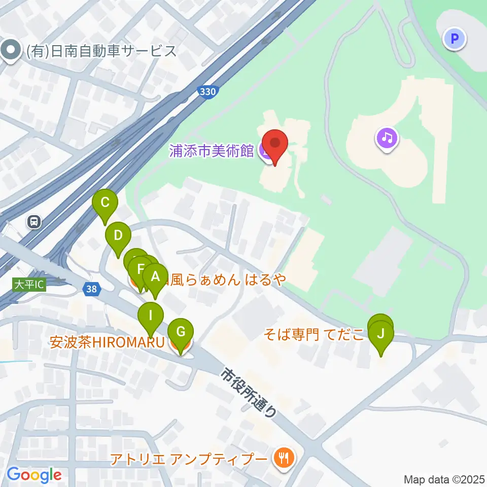 浦添市美術館周辺のファミレス・ファーストフード一覧地図