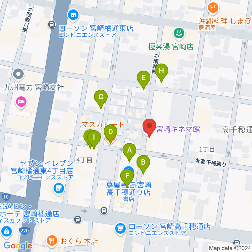 宮崎キネマ館周辺のファミレス・ファーストフード一覧地図