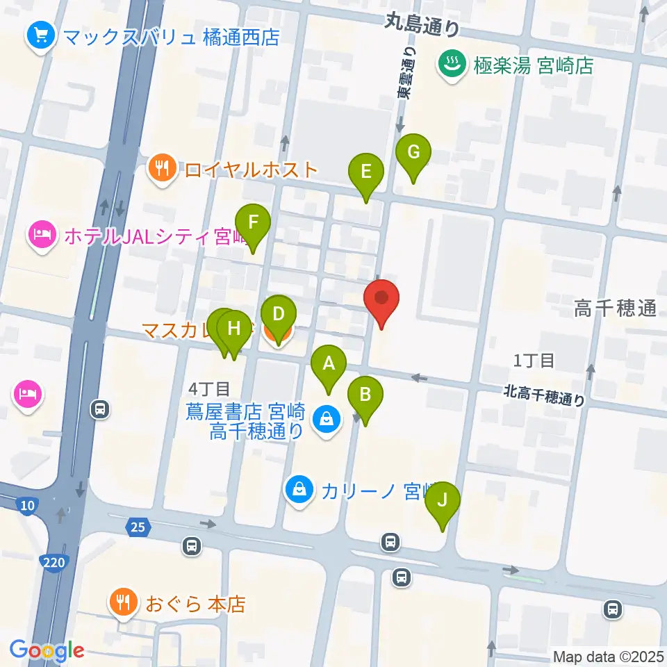 宮崎キネマ館周辺のファミレス・ファーストフード一覧地図
