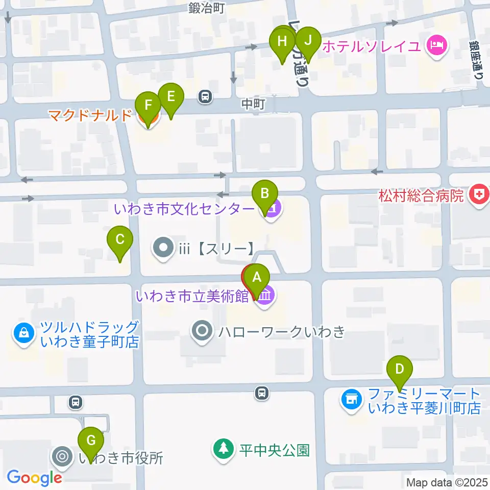 いわき市立美術館周辺のファミレス・ファーストフード一覧地図