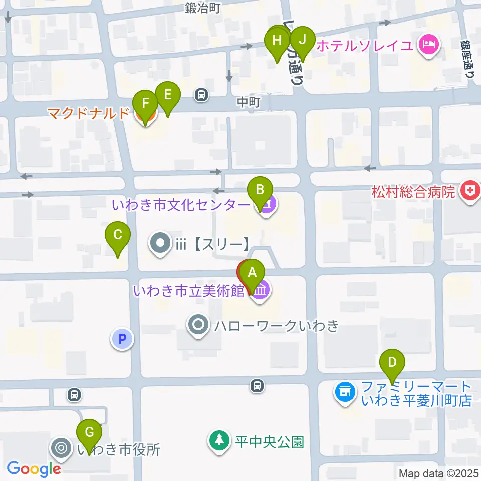 いわき市立美術館周辺のファミレス・ファーストフード一覧地図