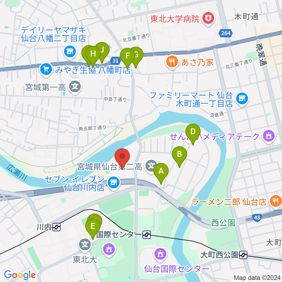 宮城県美術館周辺のファミレス・ファーストフード一覧地図