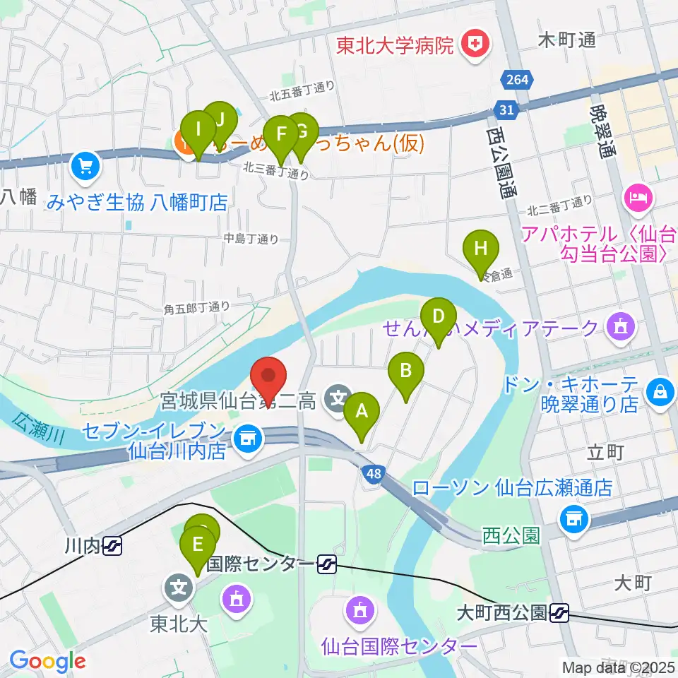 宮城県美術館周辺のファミレス・ファーストフード一覧地図