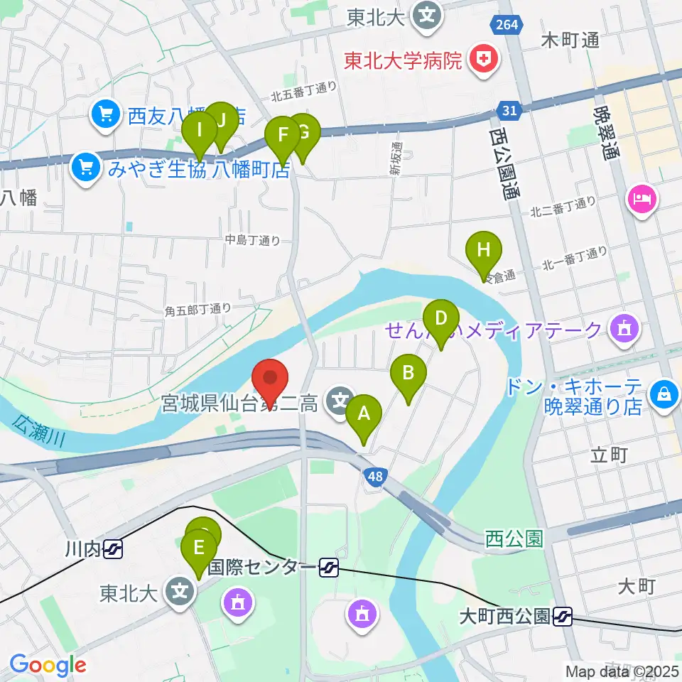 宮城県美術館周辺のファミレス・ファーストフード一覧地図