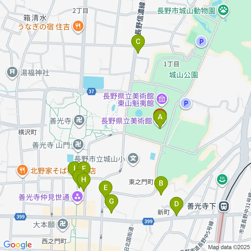 長野県立美術館周辺のファミレス・ファーストフード一覧地図