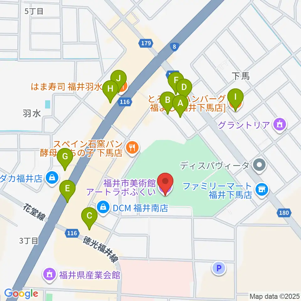 アートラボふくい 福井市美術館周辺のファミレス・ファーストフード一覧地図