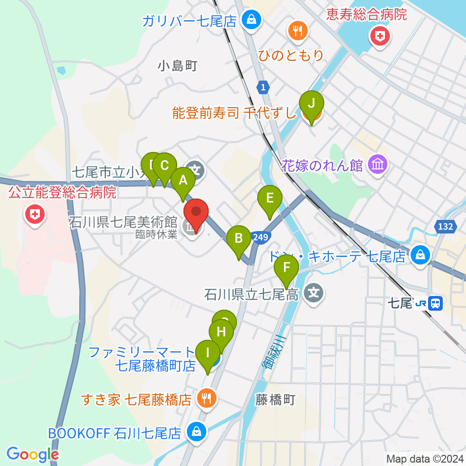 石川県七尾美術館周辺のファミレス・ファーストフード一覧地図