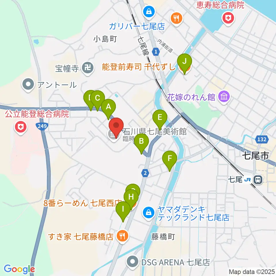 石川県七尾美術館周辺のファミレス・ファーストフード一覧地図