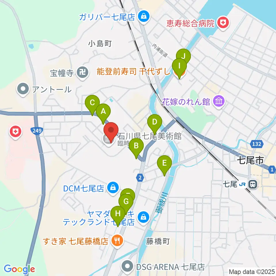 石川県七尾美術館周辺のファミレス・ファーストフード一覧地図