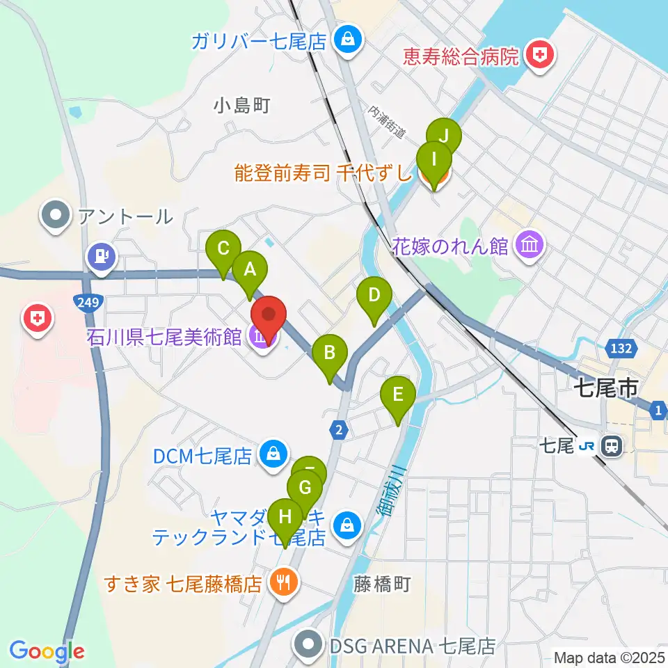 石川県七尾美術館周辺のファミレス・ファーストフード一覧地図