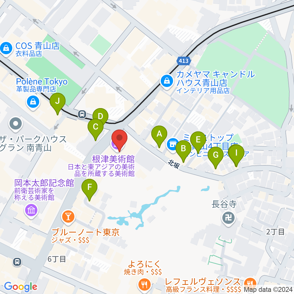 根津美術館周辺のファミレス・ファーストフード一覧地図