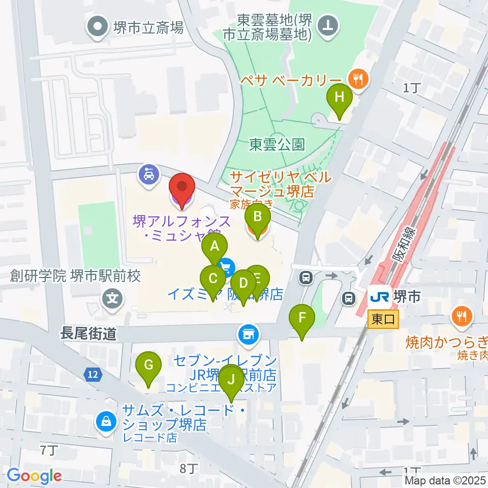 堺アルフォンス・ミュシャ館（堺市立文化館）周辺のファミレス・ファーストフード一覧地図