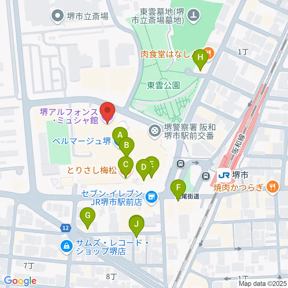 堺アルフォンス・ミュシャ館（堺市立文化館）周辺のファミレス・ファーストフード一覧地図