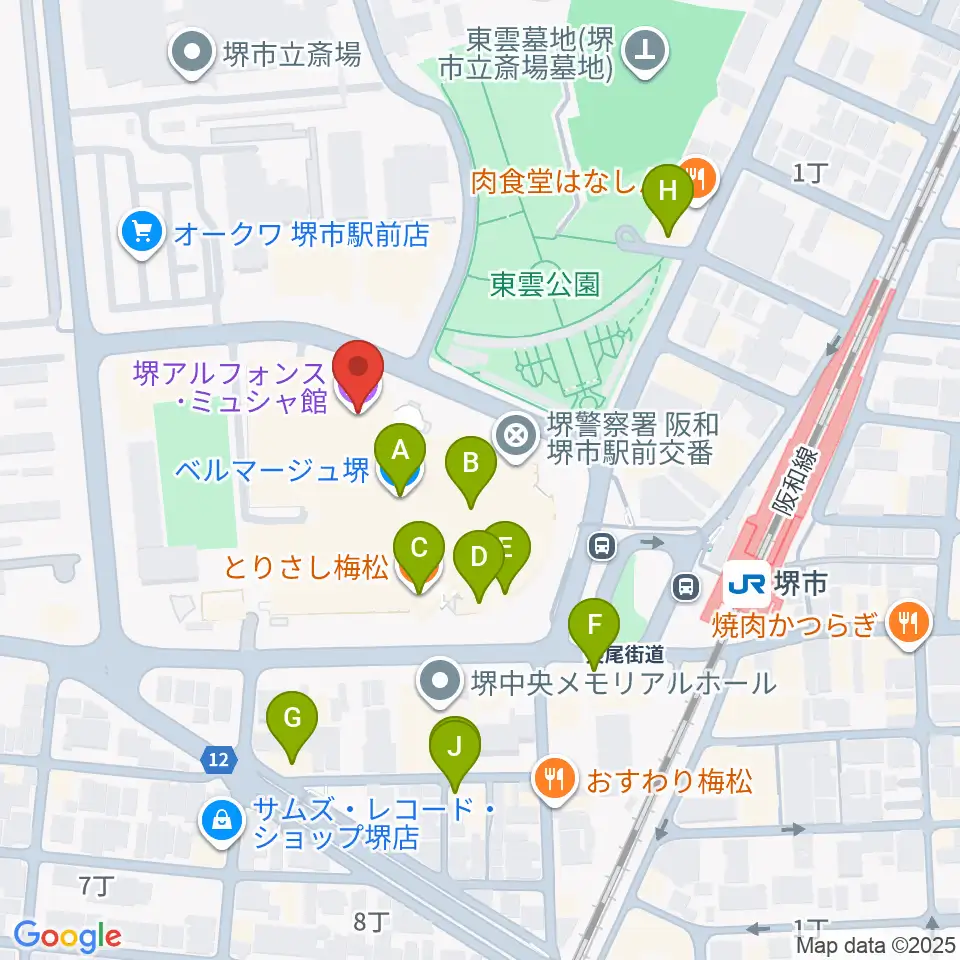 堺アルフォンス・ミュシャ館（堺市立文化館）周辺のファミレス・ファーストフード一覧地図