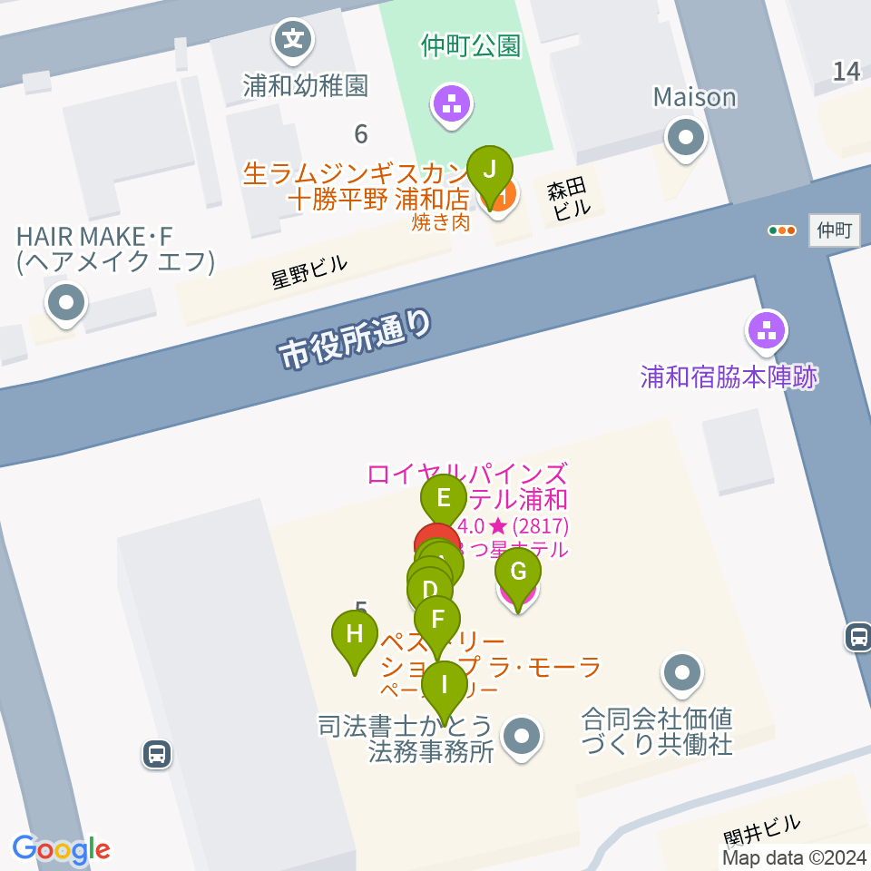 うらわ美術館周辺のファミレス・ファーストフード一覧地図