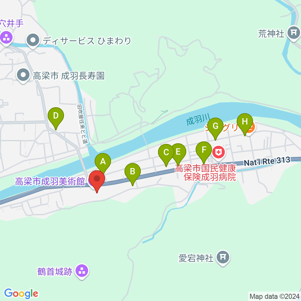 高梁市成羽美術館周辺のファミレス・ファーストフード一覧地図