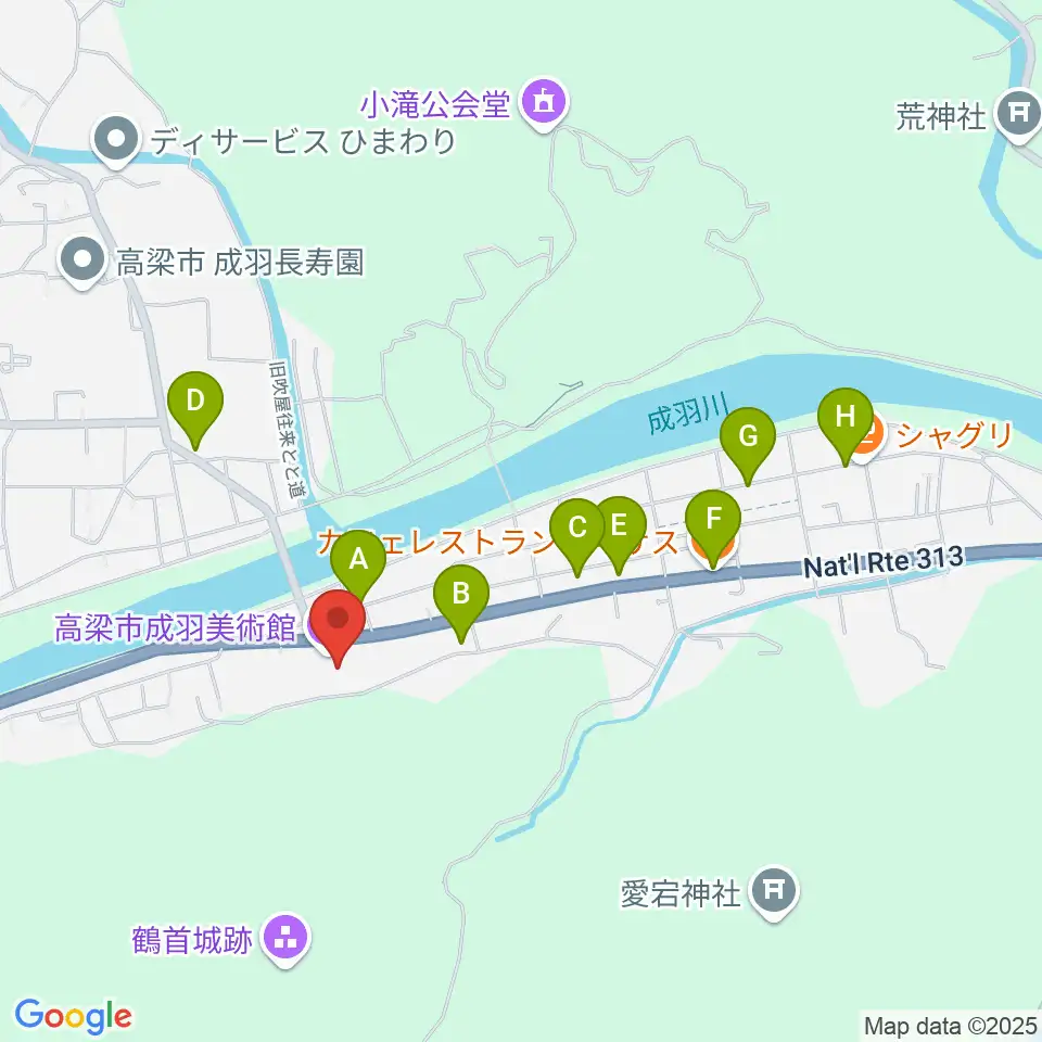 高梁市成羽美術館周辺のファミレス・ファーストフード一覧地図