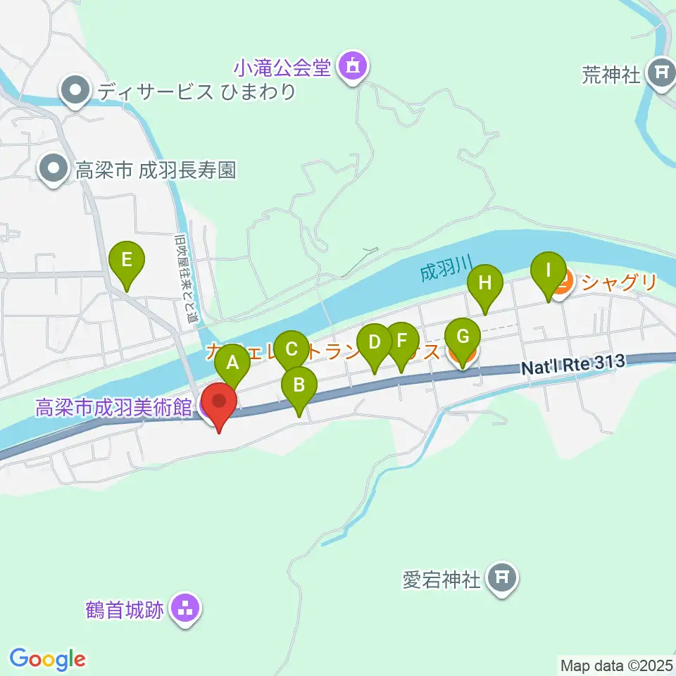 高梁市成羽美術館周辺のファミレス・ファーストフード一覧地図