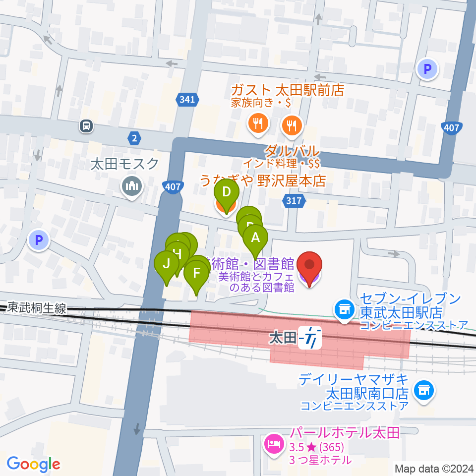 太田市美術館・図書館周辺のファミレス・ファーストフード一覧地図