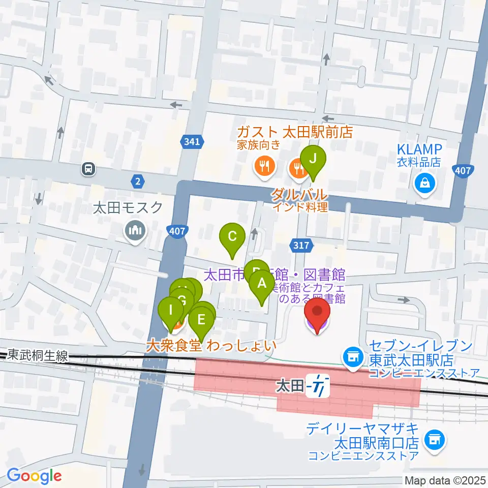 太田市美術館・図書館周辺のファミレス・ファーストフード一覧地図