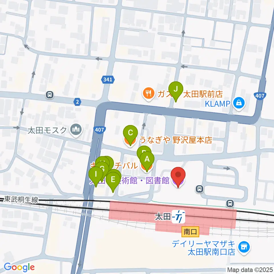 太田市美術館・図書館周辺のファミレス・ファーストフード一覧地図
