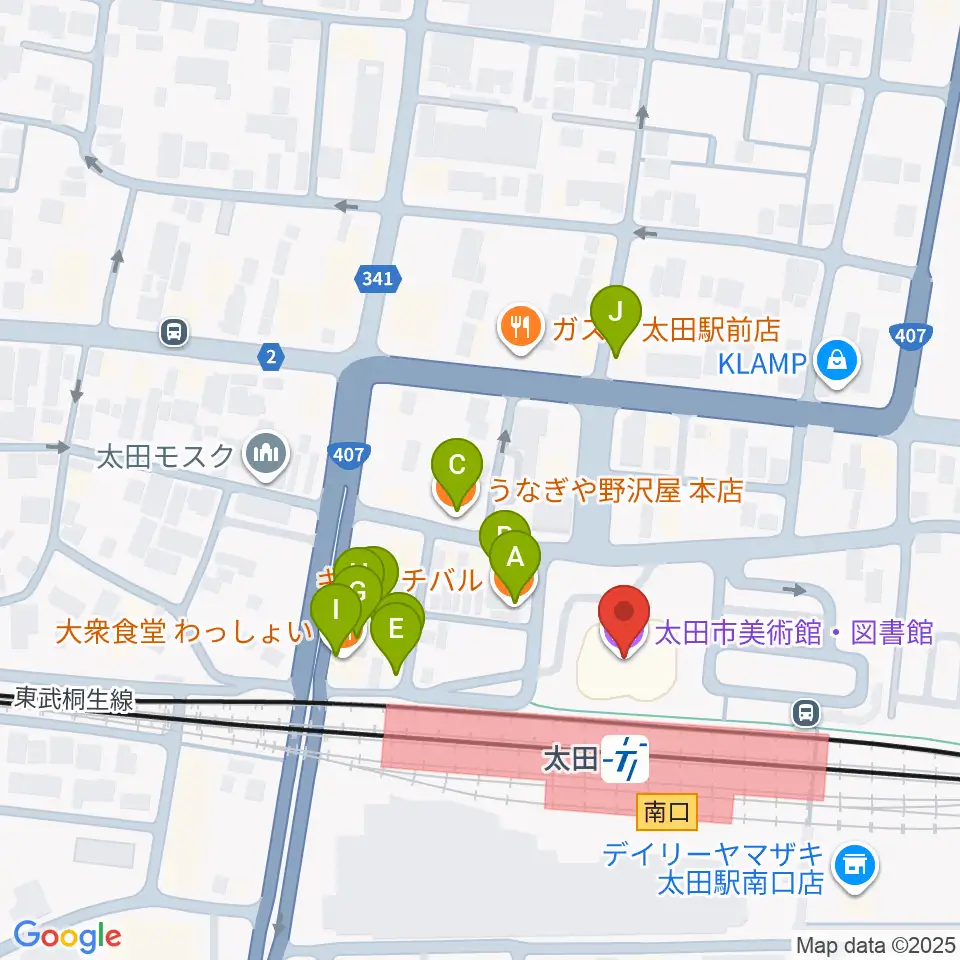 太田市美術館・図書館周辺のファミレス・ファーストフード一覧地図